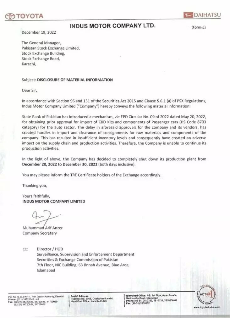 Indus Motor Company Notice for shutdown company