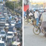 Shara e Faisal Traffic Jam Near Drigh Road Caused by Red Bus Failure