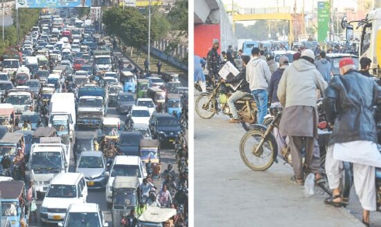 Shara e Faisal Traffic Jam Near Drigh Road Caused by Red Bus Failure